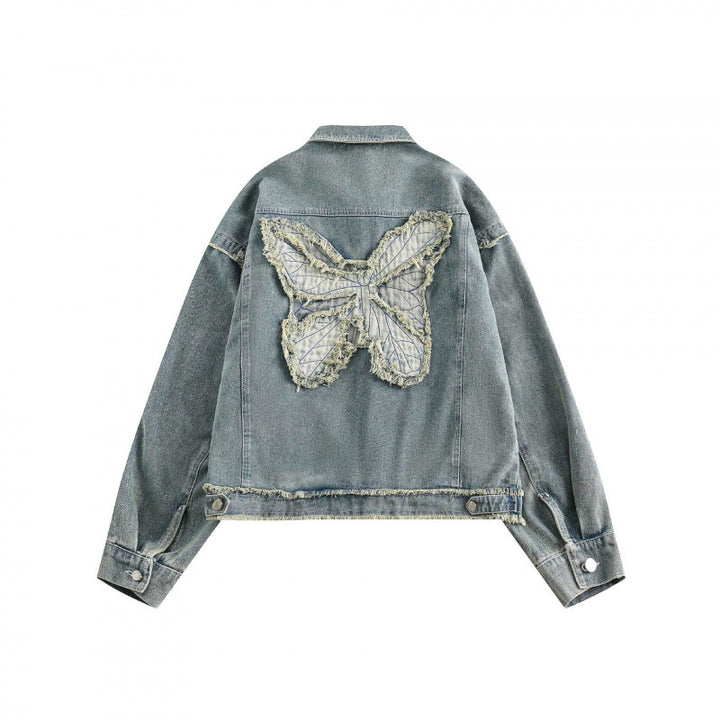 Unisex Boxy-Denimjacke mit ausgefransten Saumkanten, Pattentaschen und Vintage-Waschung Drune