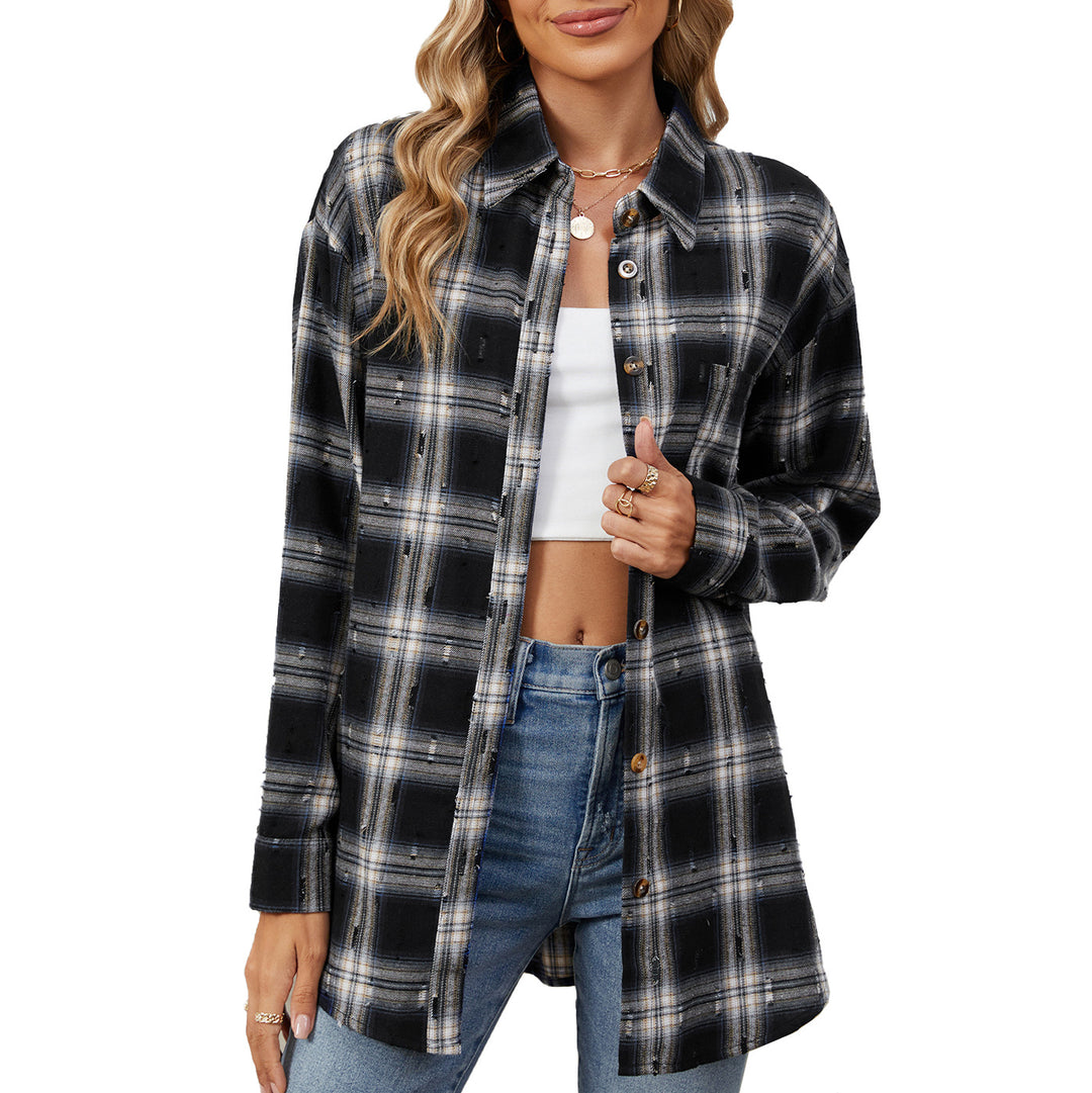Damen Karierte Flanell-Hemdjacke mit lässigem Schnitt und Holzknopf-Details Drune