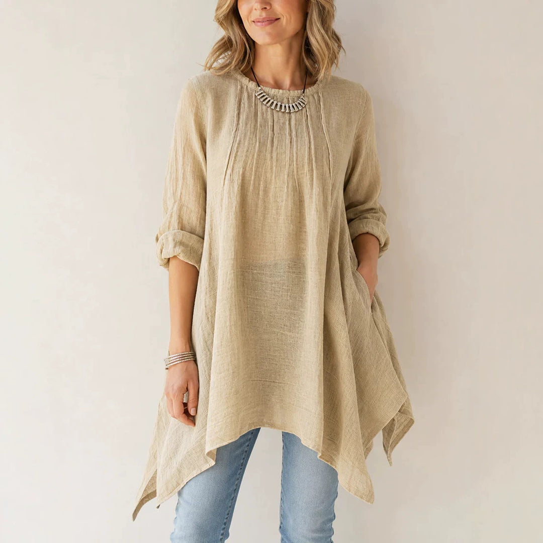 Damen Lässige Tunika-Bluse mit asymmetrischem Saum, feiner Waffelstruktur und Kellerfalten Drune