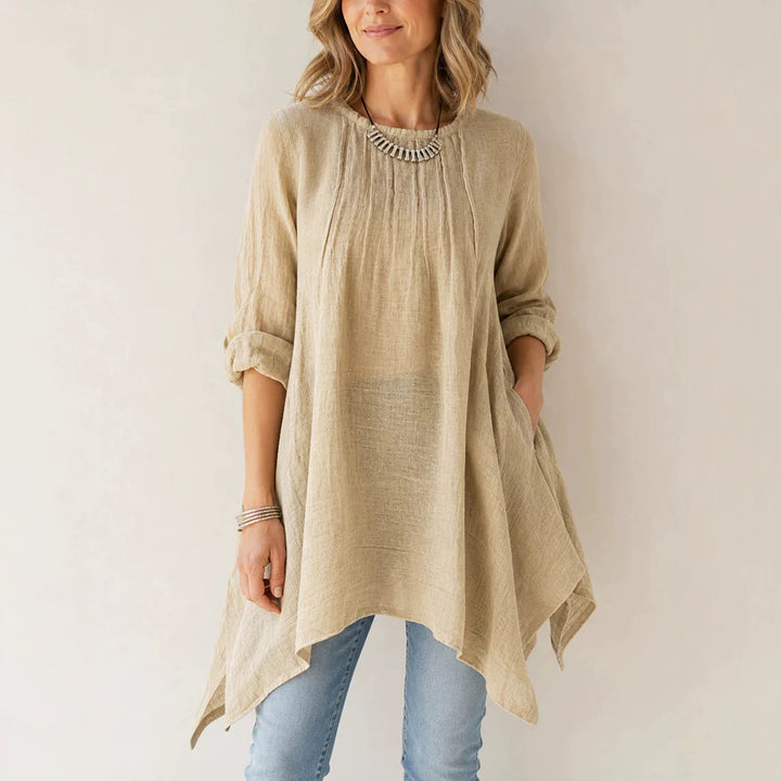 Damen Lässige Tunika-Bluse mit asymmetrischem Saum, feiner Waffelstruktur und Kellerfalten Drune