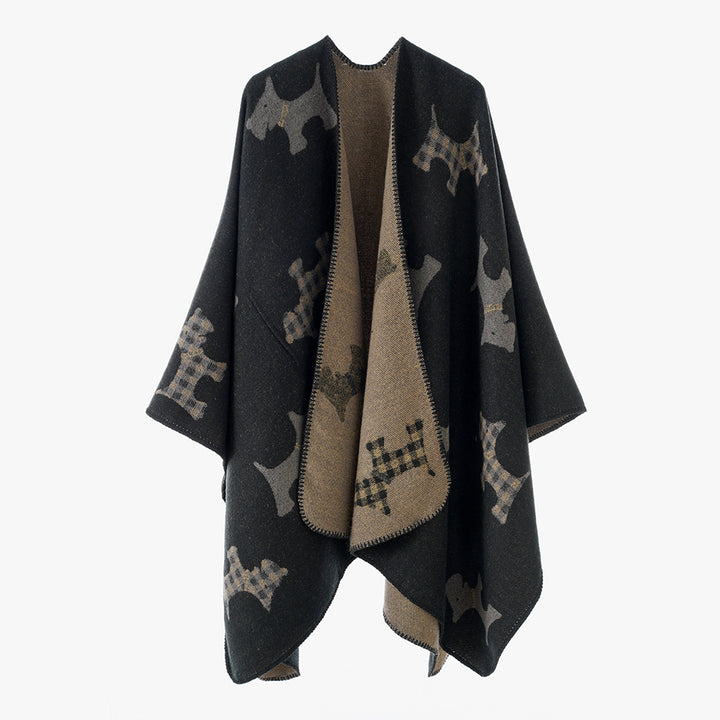 Damen Strickcapeponcho aus Wollmix mit Jacquard-Hundemotiv Drune