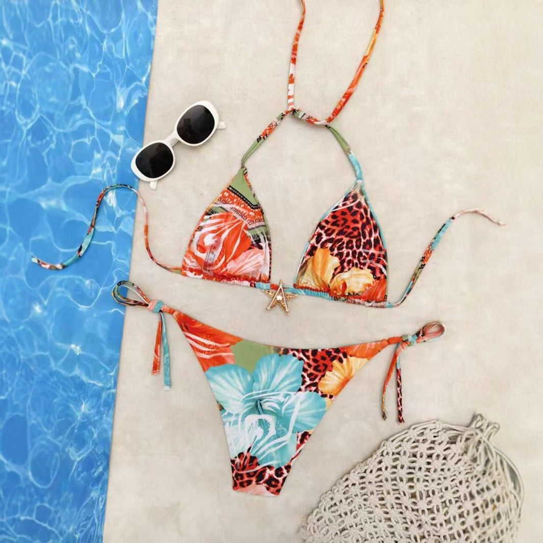 Damen Triangel-Bikini mit floralem Design und verstellbaren Bändern Drune