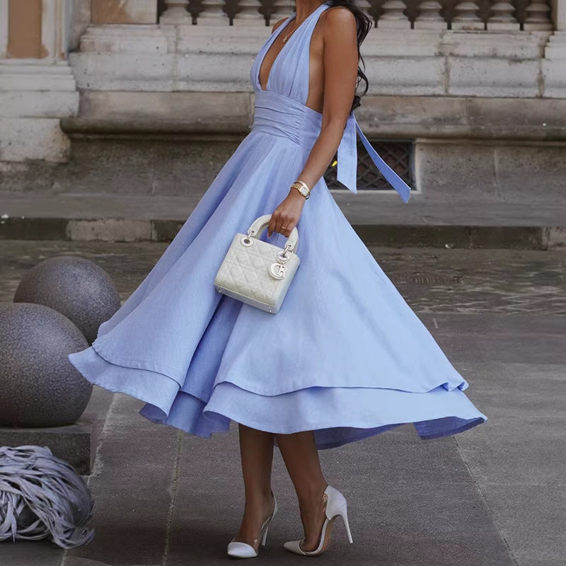 Damen elegantes Midikleid mit tiefem V-Ausschnitt und Fließendem Rock Drune