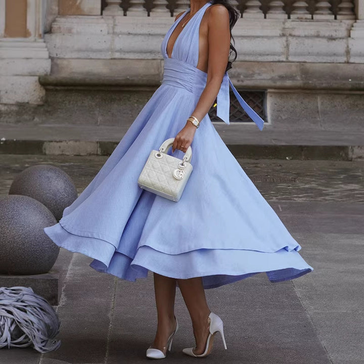Damen elegantes Midikleid mit tiefem V-Ausschnitt und Fließendem Rock Drune
