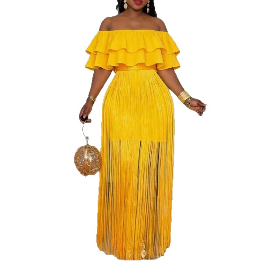Damen Off-Shoulder Kleid mit fransendem Saum Drune