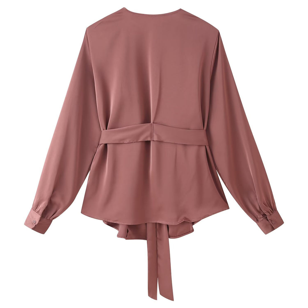 Damen elegante Wickelbluse mit Taillengürtel und tiefem V-Ausschnitt Drune