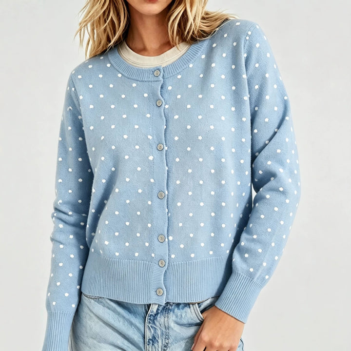Damen Gepunktete Feinstrick-Cardigan mit Rundhals und Rippbündchen Drune