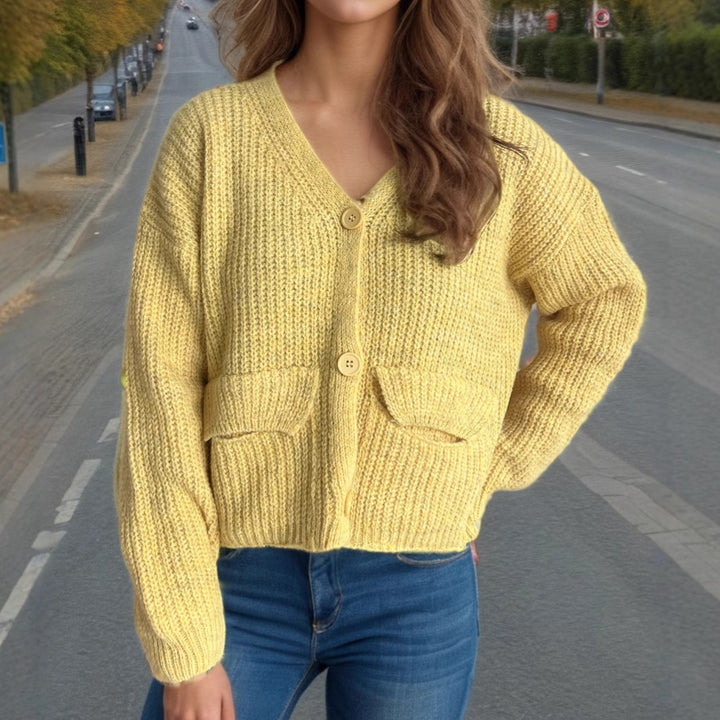 Damen gemütlicher Strickcardigan mit Taschen und breiten Ärmeln Drune