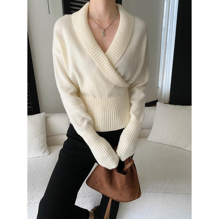 Damen eleganter Wickelpullover mit breitem Rippbund Drune