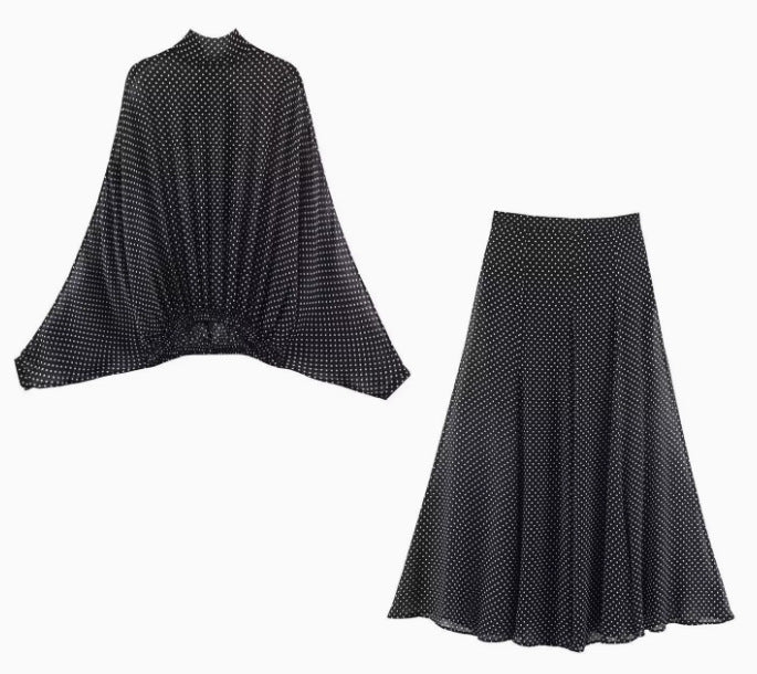 Damen 100+ oversized Pünktchenbluse mit Fledermausärmeln, Stehkragen und elastischem Saum Drune