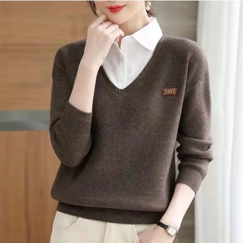 Damen eleganter V-Ausschnitt Pullover mit Hemdkragen Drune