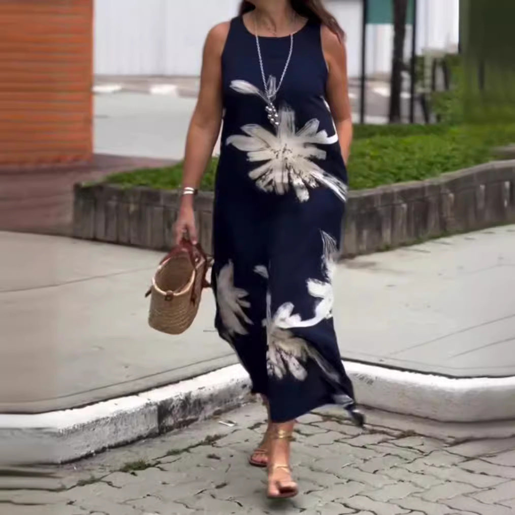 Damen nan ärmelloses lässiges Maxikleid aus Leichtjersey mit großflächigem Pinselblumenmuster und versteckten Seitentaschen Drune