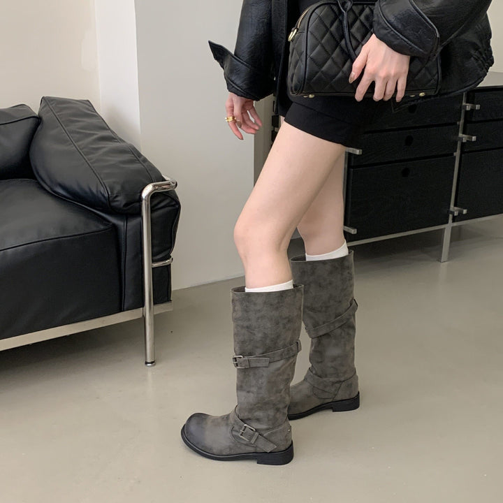 Damen Modische Biker-Stiefel mit verstellbaren Riemen Drune