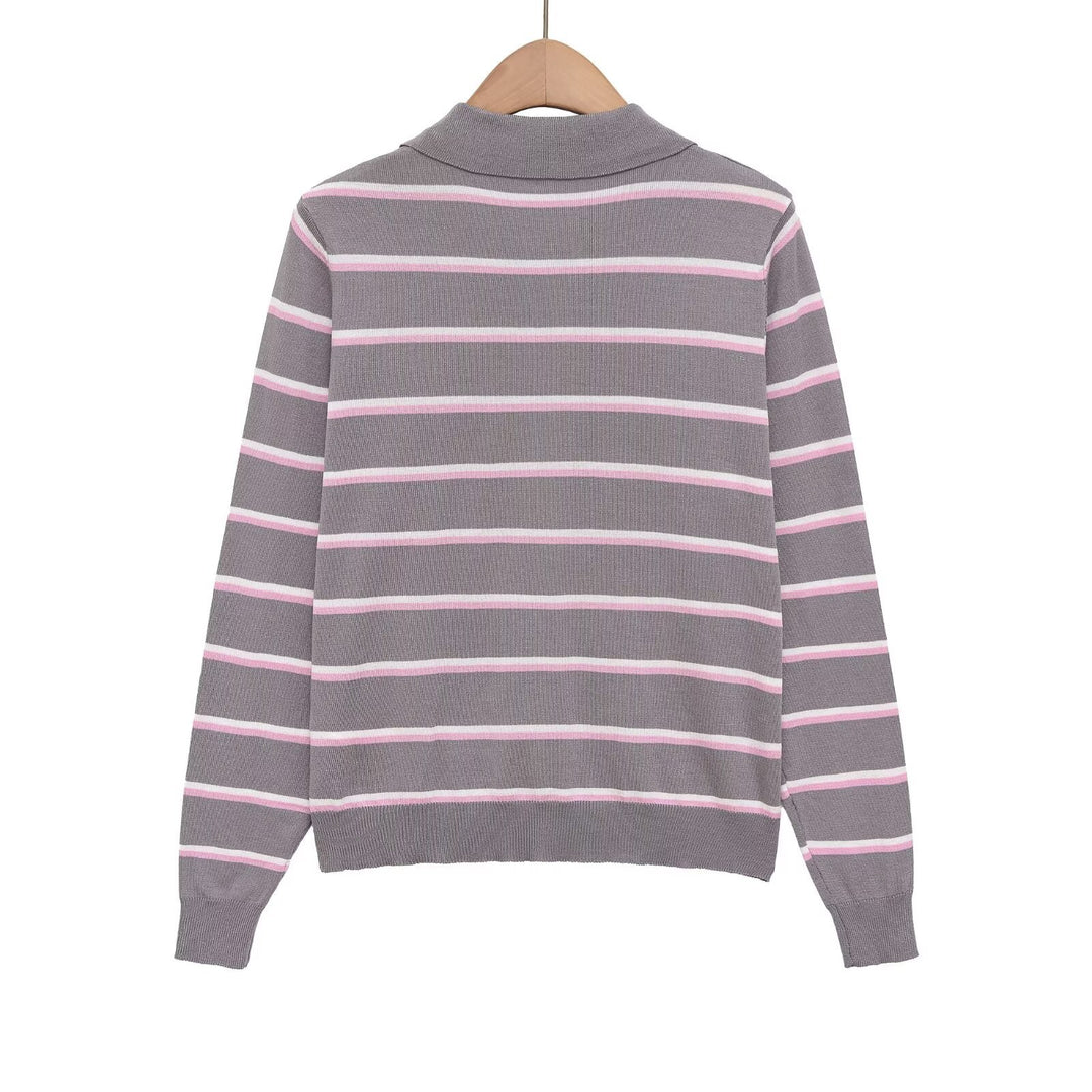 Damen Gestreifter Feinstrick-Polo-Pullover mit Knopfleiste und Rippbündchen Drune