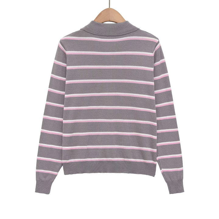 Damen Gestreifter Feinstrick-Polo-Pullover mit Knopfleiste und Rippbündchen Drune