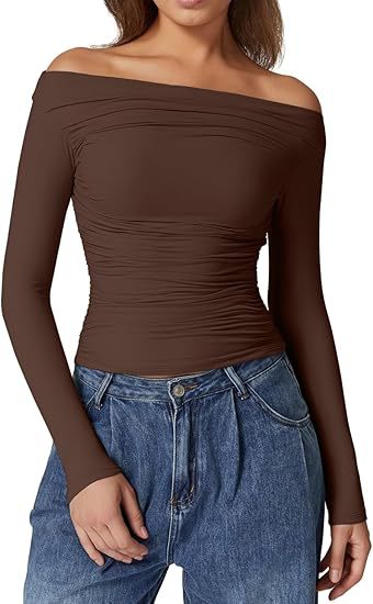 Damen Schulterfreies tailliertes Stretch-Longsleeve mit Raffung und figurbetonter Silhouette Drune