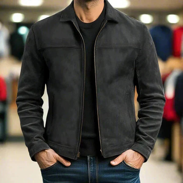 Herren Vintage Velourslederjacke mit schmaler Passform und Reißverschluss Drune
