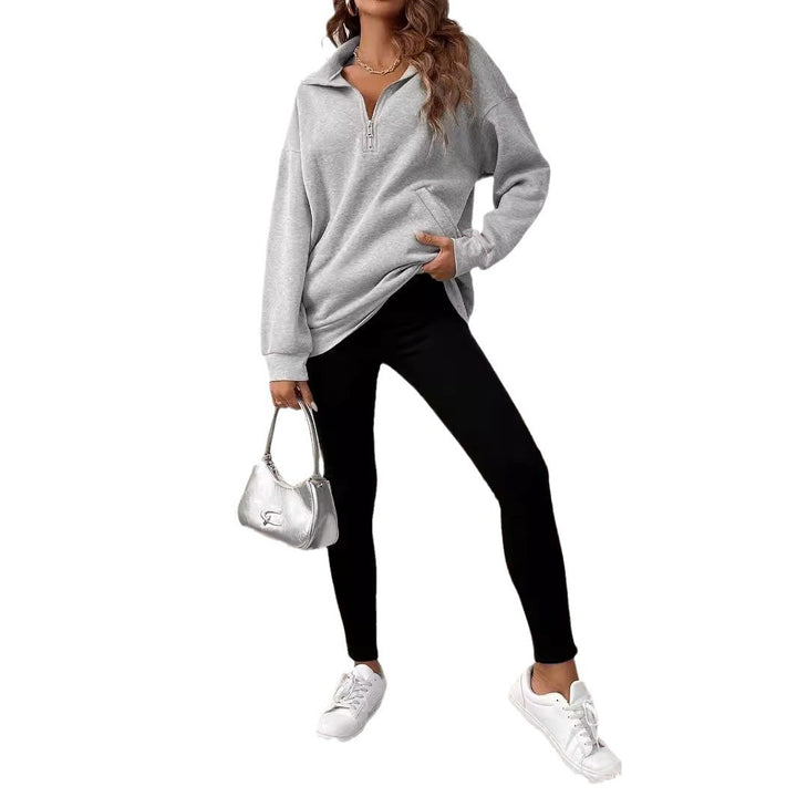 Damen Freizeitlicher Pullover mit kurzem Reißverschluss und Kängurutasche Drune