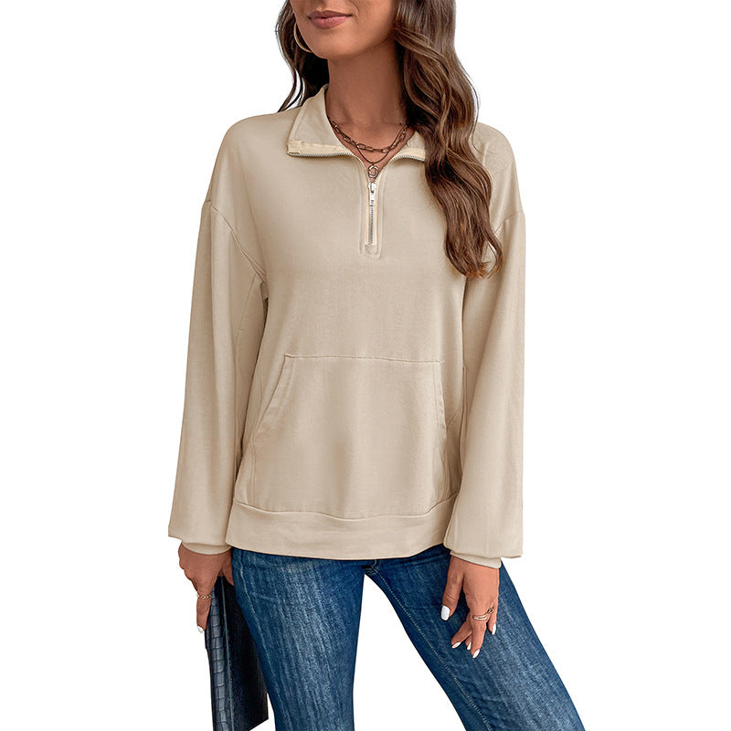 Damen Leichtes Halbzip-Sweatshirt im Relaxed-Fit mit Kängurutasche und Stehkragen Drune