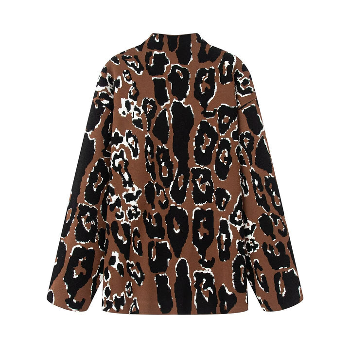 Damen Oversize Strickpullover mit Stehkragen und Jacquard-Leopardenmuster Drune