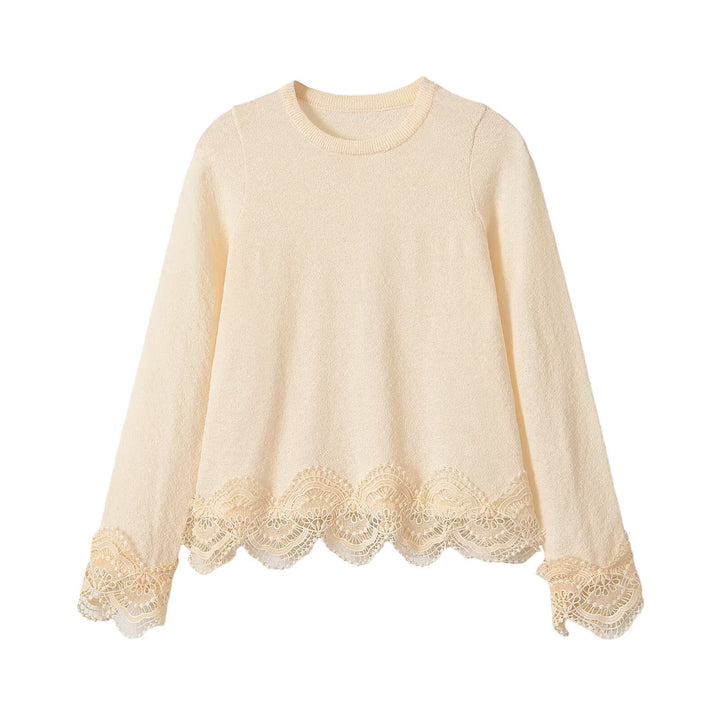 Damen Feinstrickpullover mit Spitzenbesatz und Bogenkante Drune