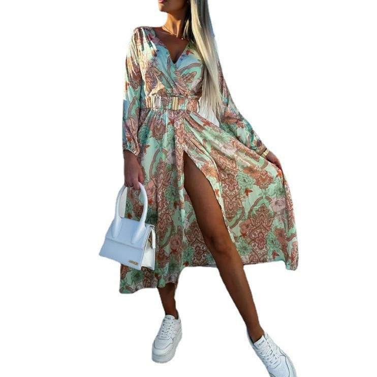 Damen Bunt Seide Maxi Kleid mit Hohem Schlitz und Gürtel Drune