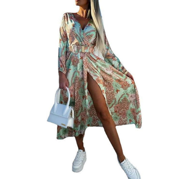 Damen Bunt Seide Maxi Kleid mit Hohem Schlitz und Gürtel Drune