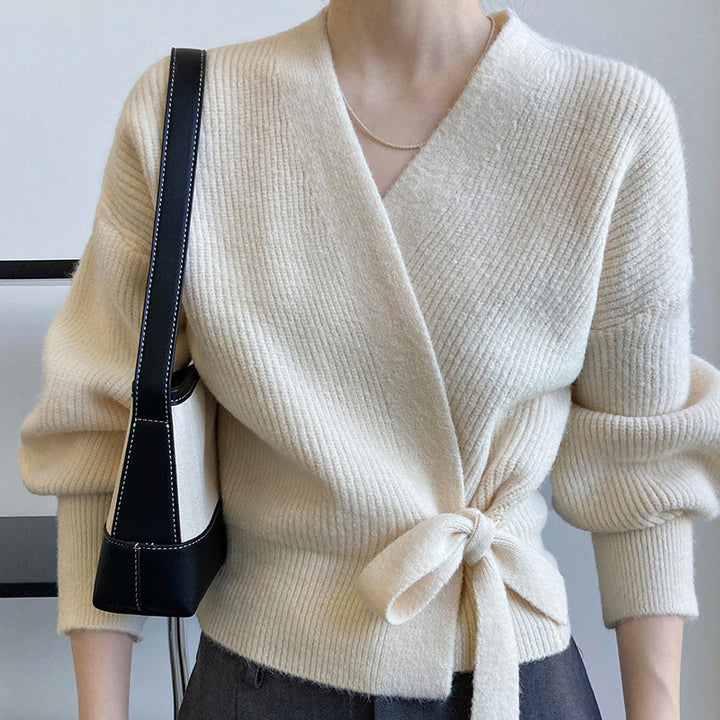 Damen elegante Wickelstrickjacke mit tiefem V-Ausschnitt und modischem Gürtel Drune