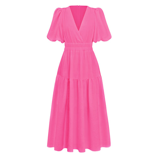 Damen Maxikleid mit Puffärmeln und elastischem Taillenbund Drune