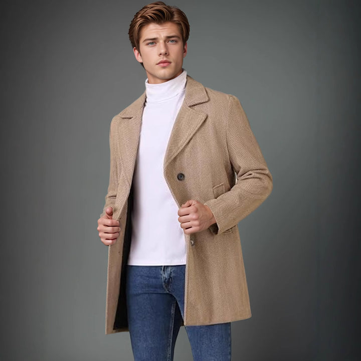 Herren eleganter Wende-Mantel mit doppelter Knopfleiste und verborgenem Gürtel Drune