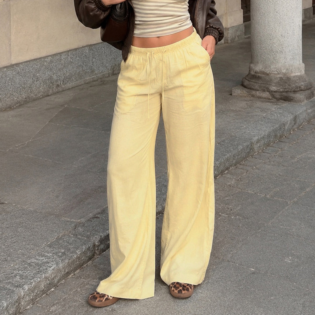 Damen Leinen-Loungehose mit weitem Bein, Tunnelzug und Seitentaschen Drune