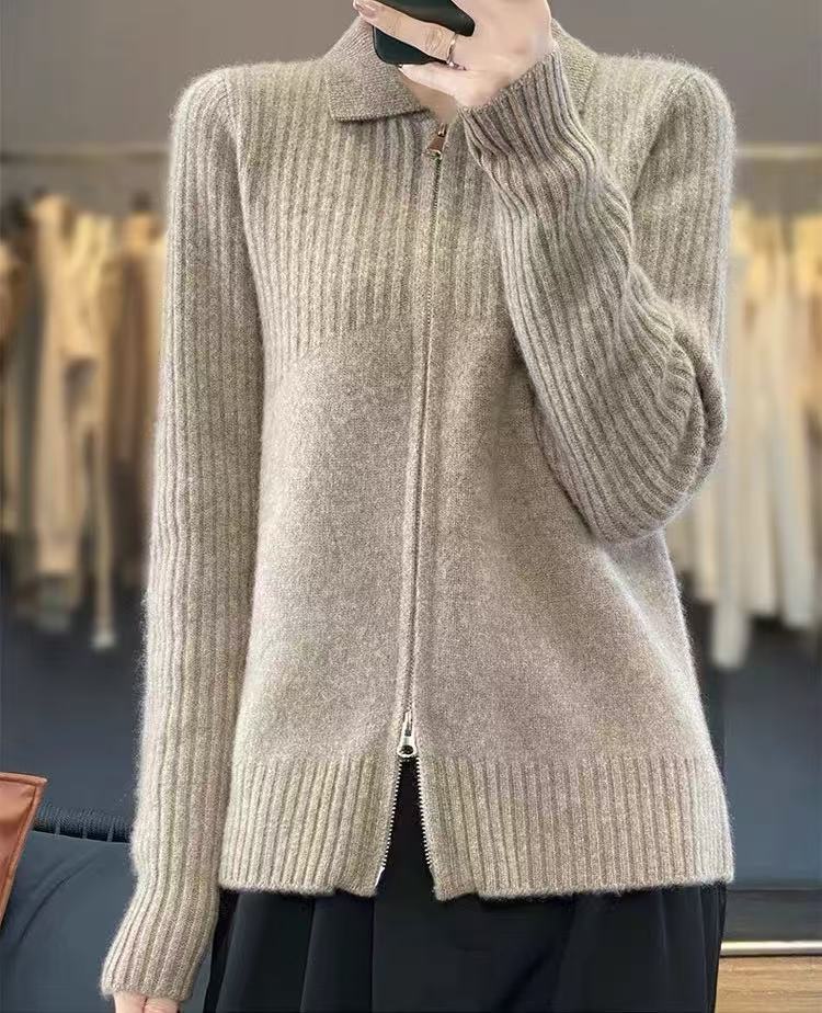Damen gemütlicher Strickcardigan mit Reißverschluss und feinem Rippmuster Drune