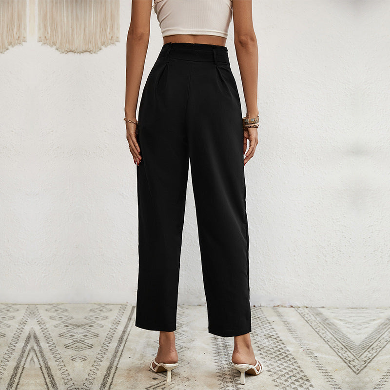 Damen Hochtaillierte Paperbag-Hose mit Bindegürtel, tapered Bein und Zierknopfleiste Drune