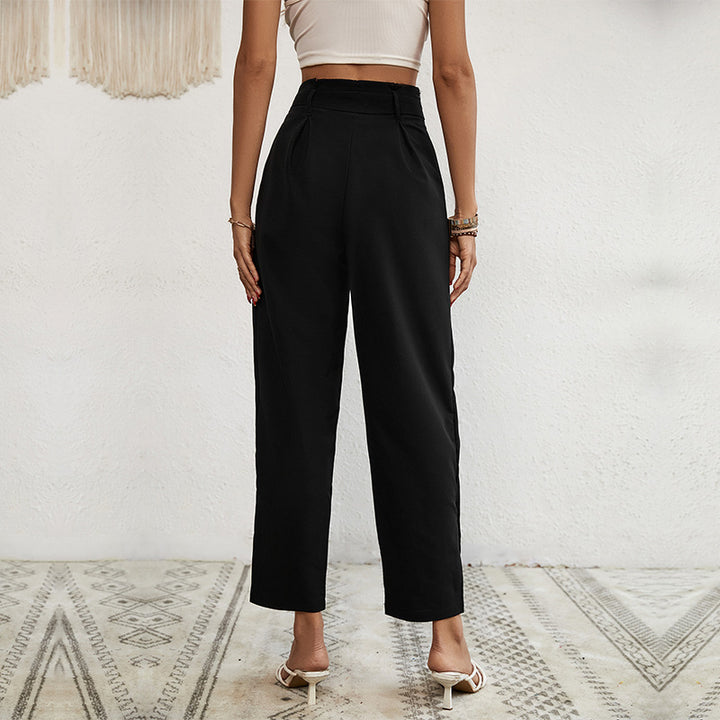 Damen Hochtaillierte Paperbag-Hose mit Bindegürtel, tapered Bein und Zierknopfleiste Drune