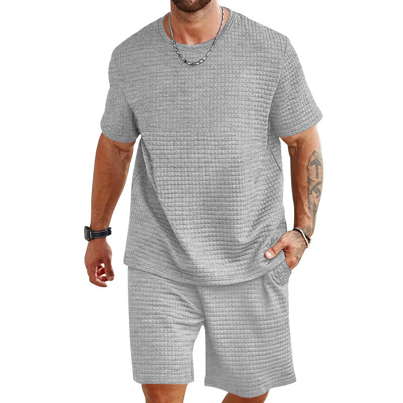 Herren nan leichter Freizeit-Zweiteiler in Waffelstruktur mit Rundhals-T-Shirt und komfortablen Shorts Drune