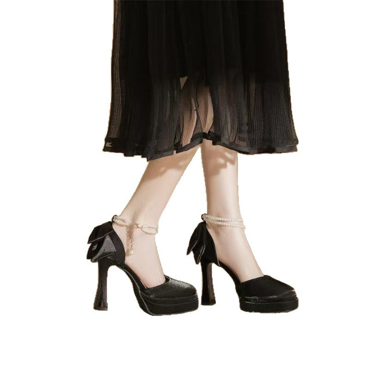 Damen Satin-Plateau-Pumps mit dekorativer Schleife und verstellbarem Knöchelriemen Drune