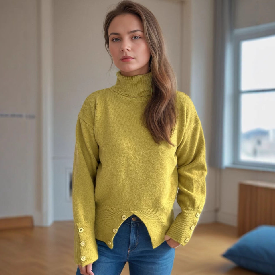 Damen gemütlicher Rollkragenpullover mit Knopfdetails Drune