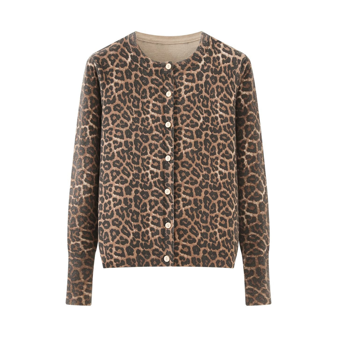 Damen Feinstrick-Cardigan mit Leoprint, Rundhals und durchgehender Knopfleiste Drune