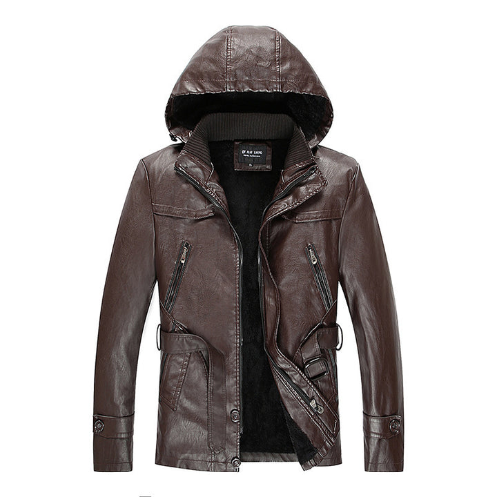 Herren Kunstlederjacke mit Kapuze, Teddyfutter und Gürtelschnalle Drune