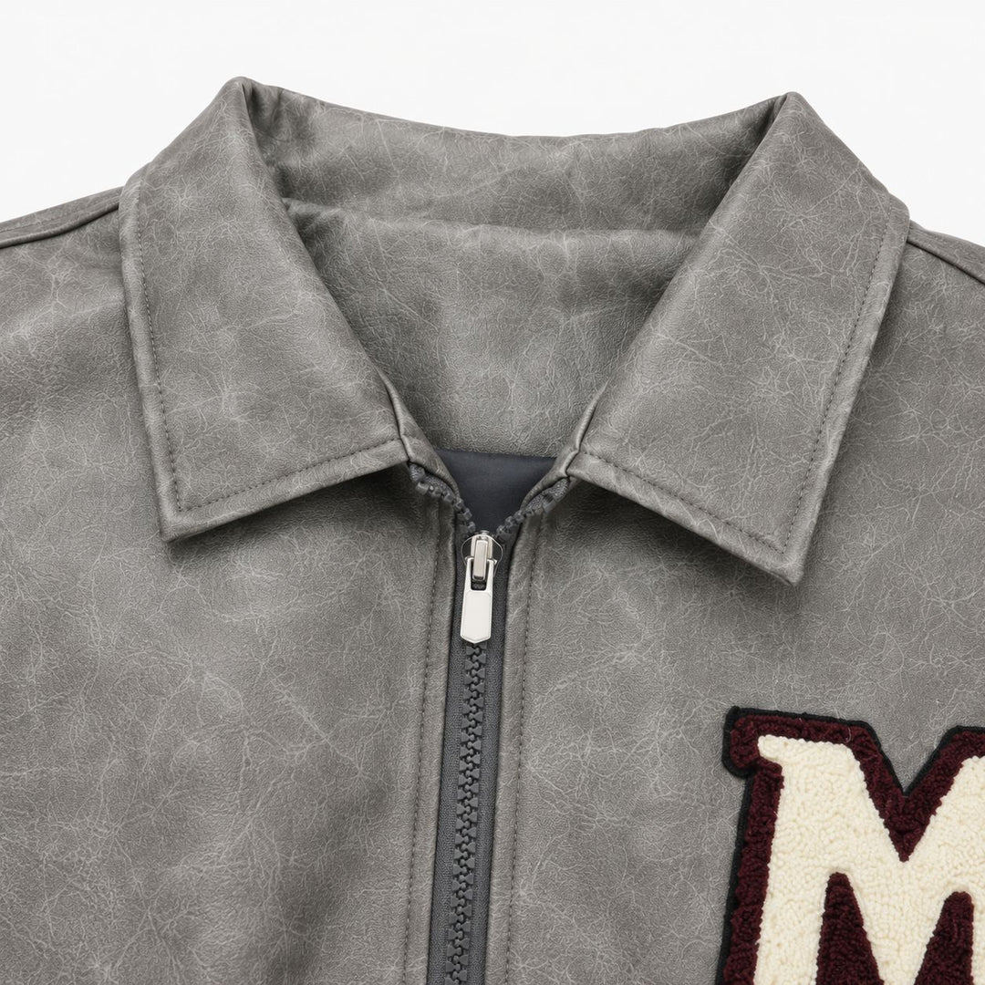 Herren Varsity-Bomberjacke im Vintage-Lederlook mit Chenille-Emblem Drune