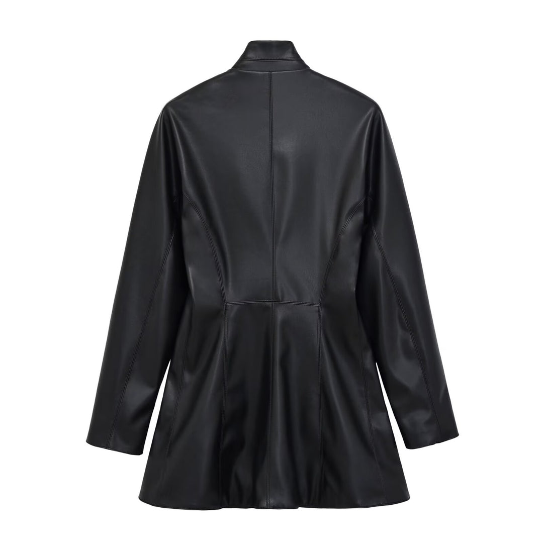 Damen Langer doppeltreihiger Blazer‑Mantel aus veganer Lederoptik mit Schalkragen Drune