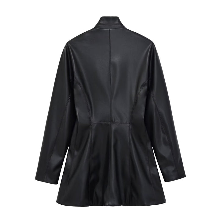 Damen Langer doppeltreihiger Blazer‑Mantel aus veganer Lederoptik mit Schalkragen Drune