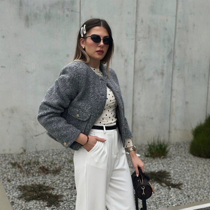 Damen Boxy Wollmix-Boucléjacke im Cabanstil mit Rundhalsausschnitt & goldfarbenen Zierknöpfen Drune