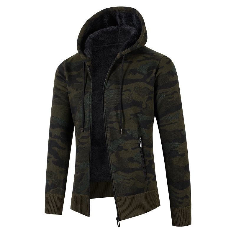 Herren Kapuzen‑Strickjacke mit Teddyfutter, Reißverschluss und Camouflage‑Struktur Drune