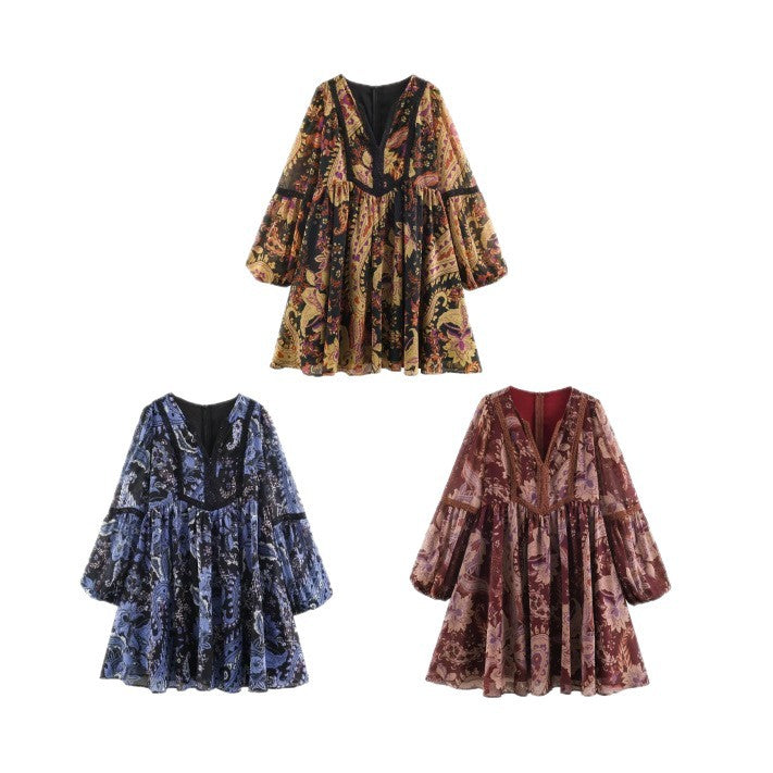 Damen Boho-Minikleid mit V-Ausschnitt, Spitzenbesatz und Ballonärmeln Drune