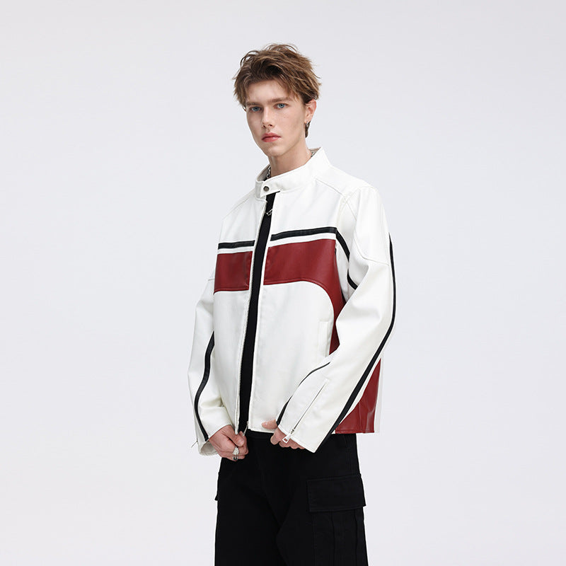 Herren Kontrast-Kunstleder-Bikerjacke mit Stehkragen und Zip-Ärmeln Drune
