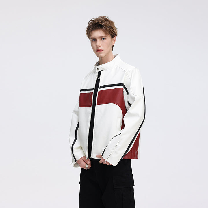 Herren Kontrast-Kunstleder-Bikerjacke mit Stehkragen und Zip-Ärmeln Drune