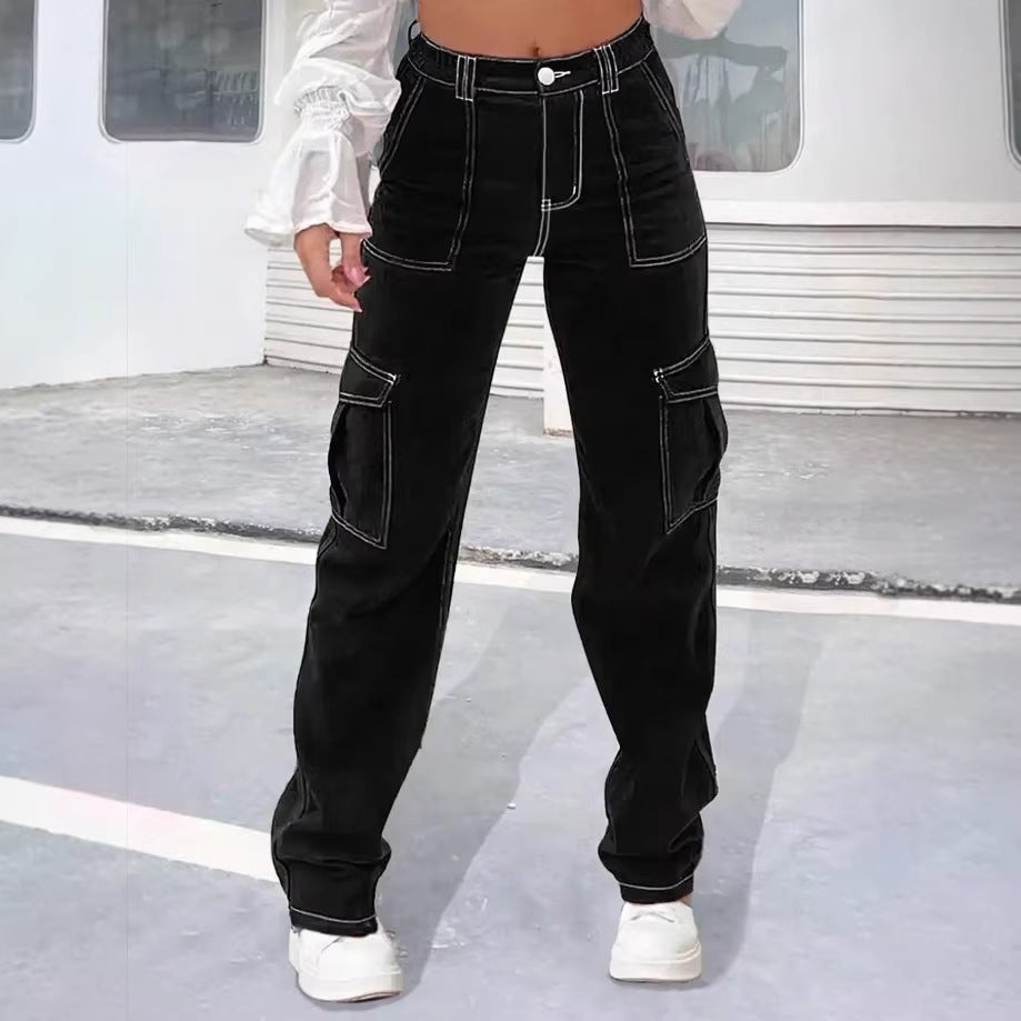 Damen Cargo-Hose mit weitem Bein, hoher Taille und Utility-Taschen Drune