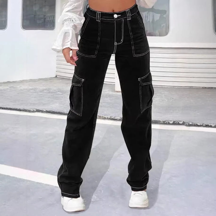 Damen Cargo-Hose mit weitem Bein, hoher Taille und Utility-Taschen Drune