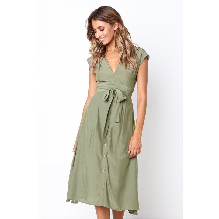 Damen Midi-Kleid mit schickem V-Ausschnitt und taillierendem Gürtel Drune